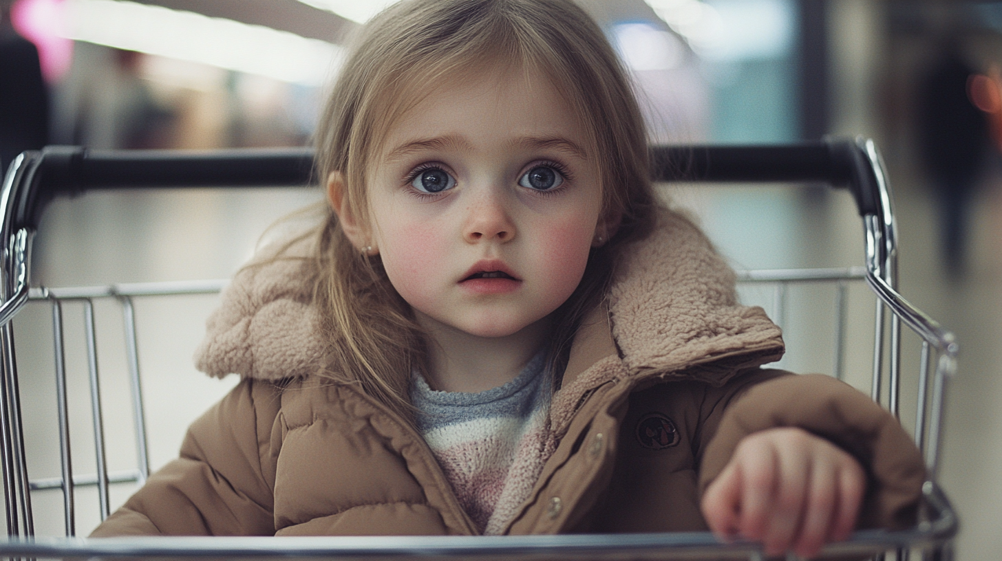 Niña sentada en el carrito de la compra | Fuente: Midjourney