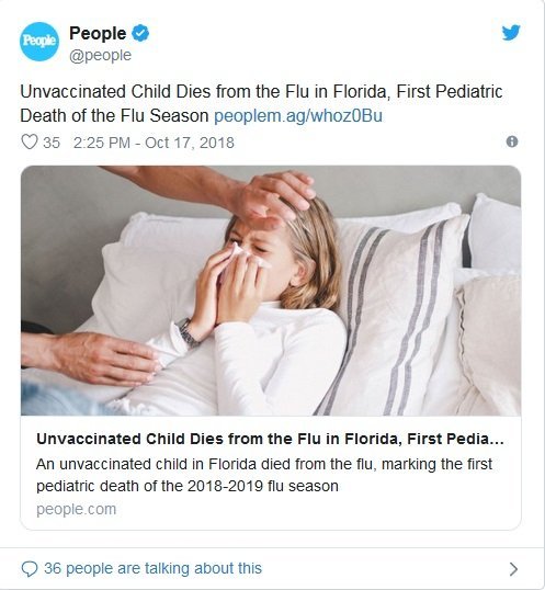 Un niño no vacunado muere a causa de la gripe en Florida, primera temporada de muerte pediátrica de la gripe / Foto: Twitter - People