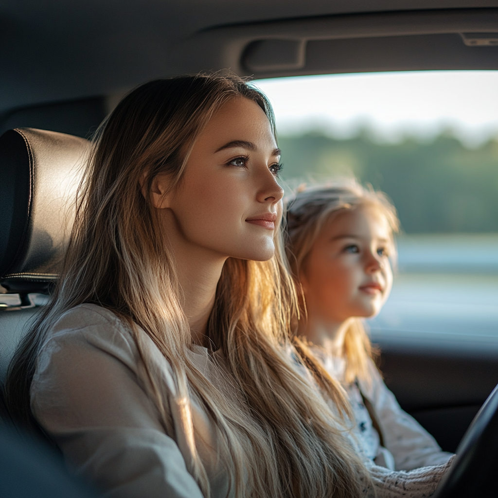 Mujer joven y niña en un auto | Fuente: Midjourney