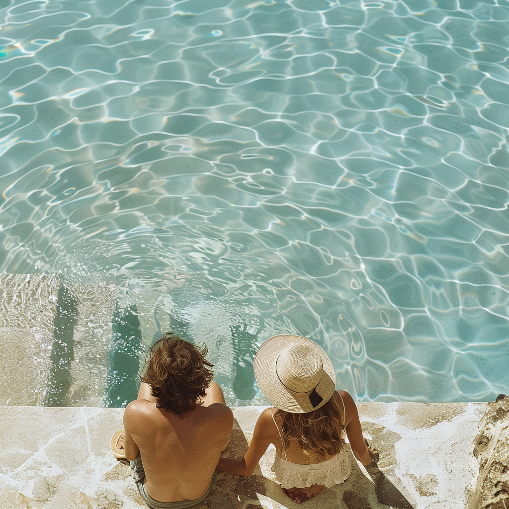 Un hombre y una mujer sentados junto a la piscina | Fuente: Midjourney