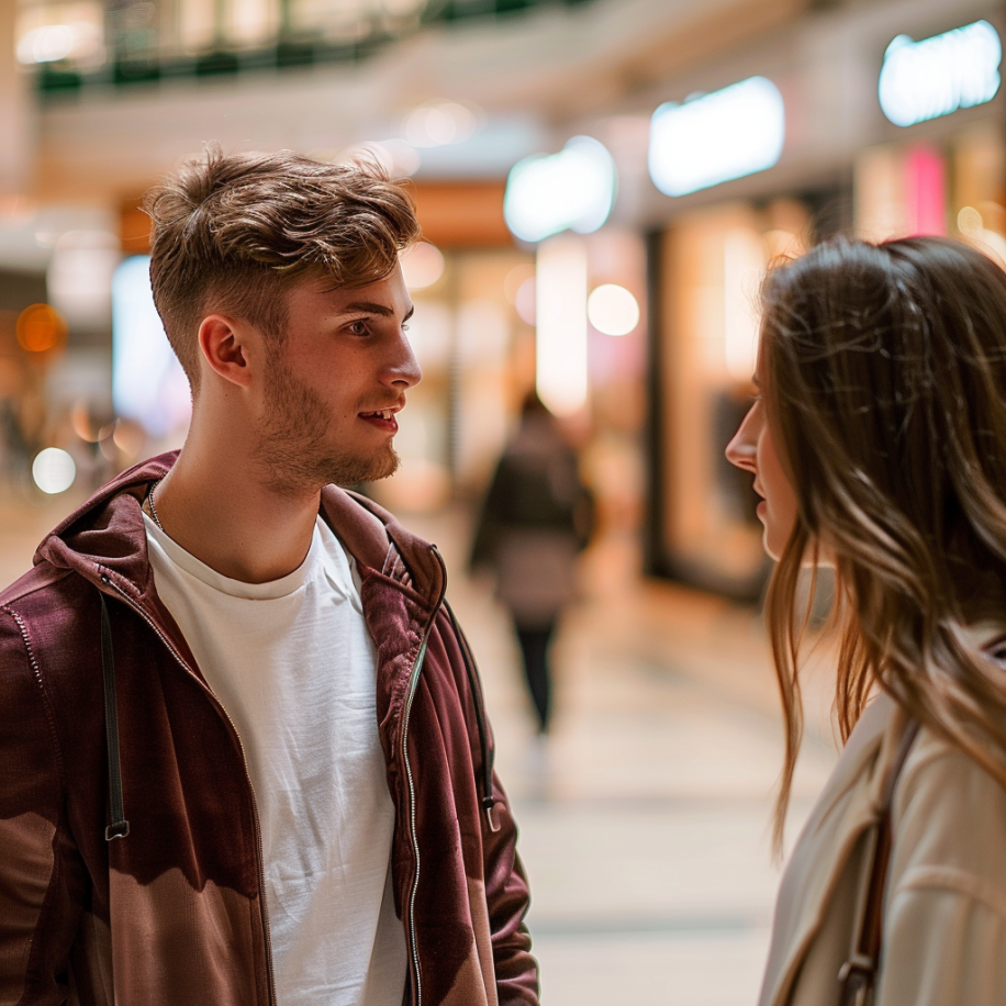 Un hombre hablando con una mujer en un centro comercial | Fuente: Midjourney