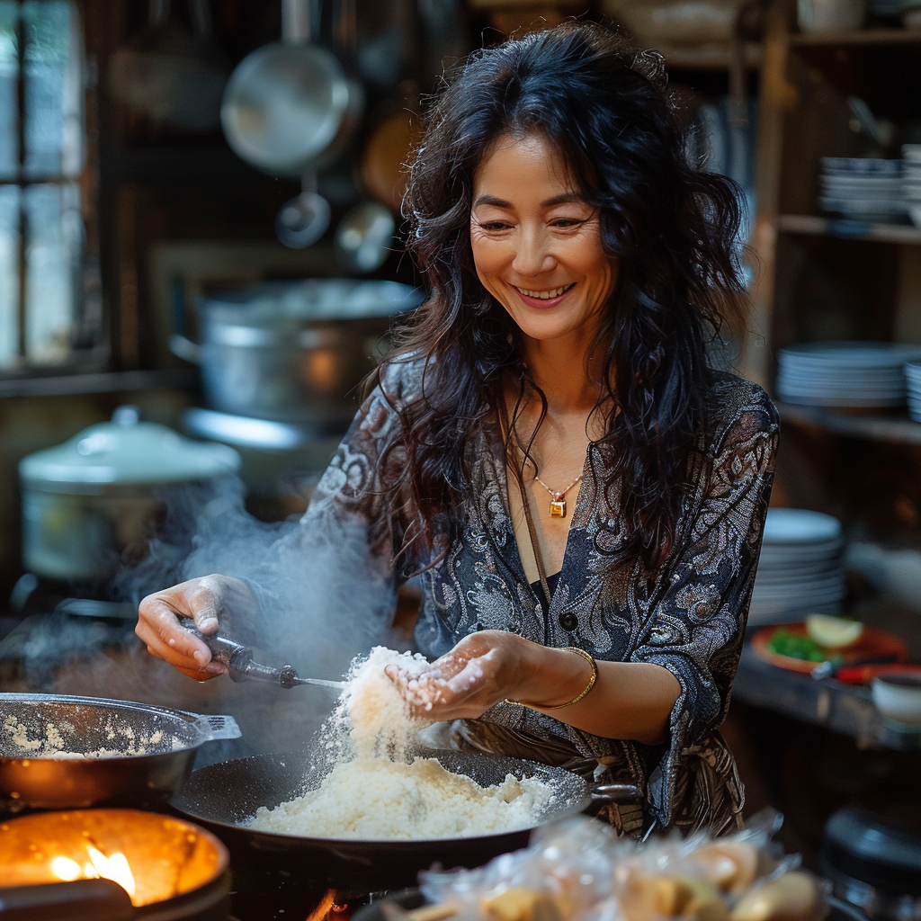Mujer asiática de mediana edad cocinando arroz | Foto: Midjourney