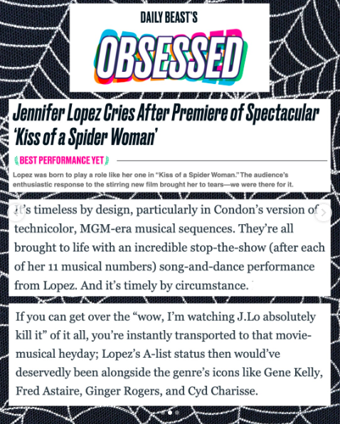 La elogiosa crítica que recibió Jennifer Lopez por su papel en "Kiss of the Spider Woman" | Fuente: Instagram/jlo