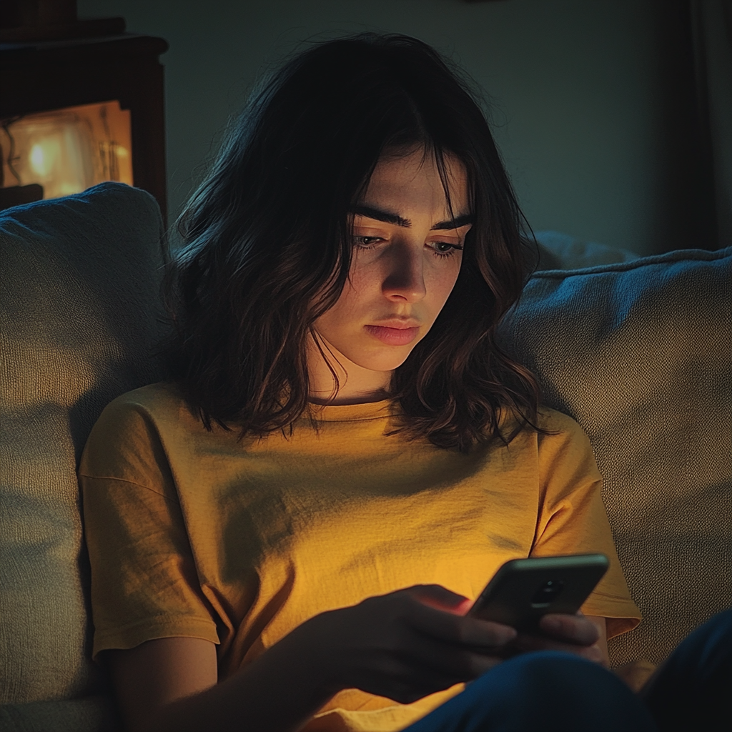 Una mujer sentada en un sofá y utilizando su teléfono | Fuente: Midjourney