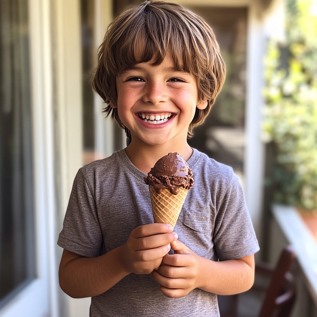 Un niño con un cucurucho de helado en la mano | Fuente: Midjourney