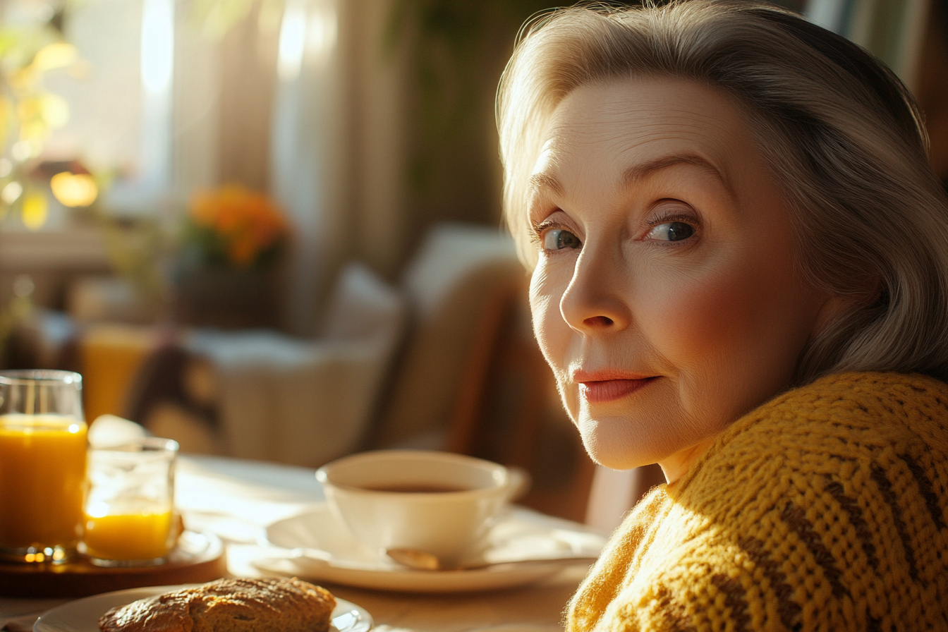 Una mujer en la mesa del desayuno | Fuente: Midjourney