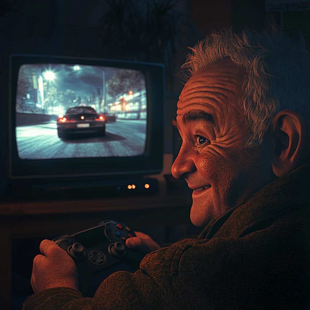 Nostálgica imagen de un alegre hombre mayor jugando a un videojuego | Fuente: Midjourney