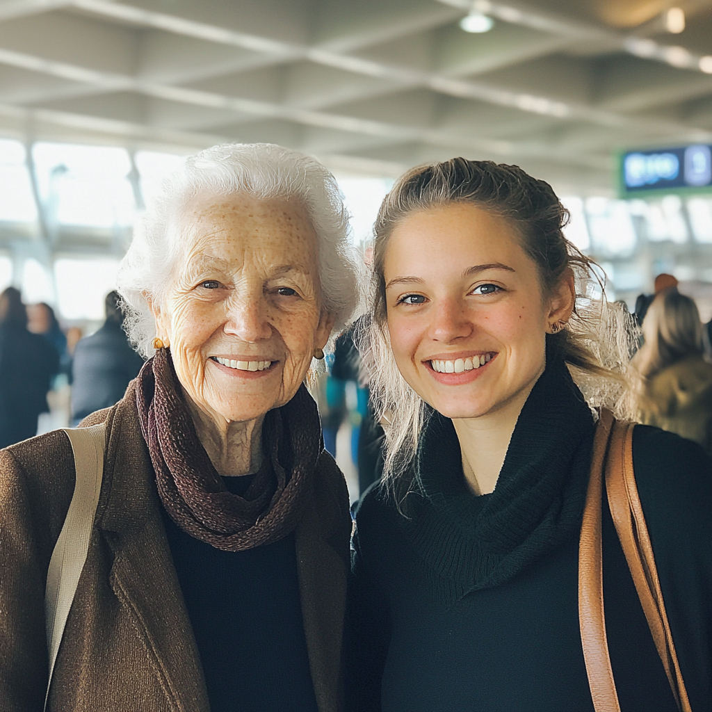 Dos mujeres juntas en un aeropuerto | Fuente: Midjourney