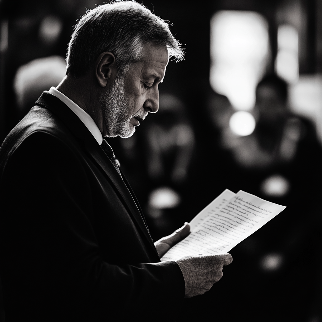 Hombre mayor leyendo una carta en un funeral | Fuente: Midjourney