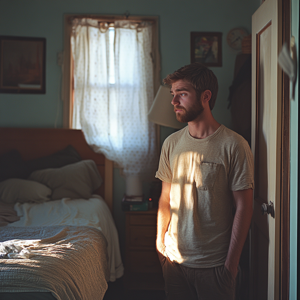 Un hombre de pie en un dormitorio | Fuente: Midjourney