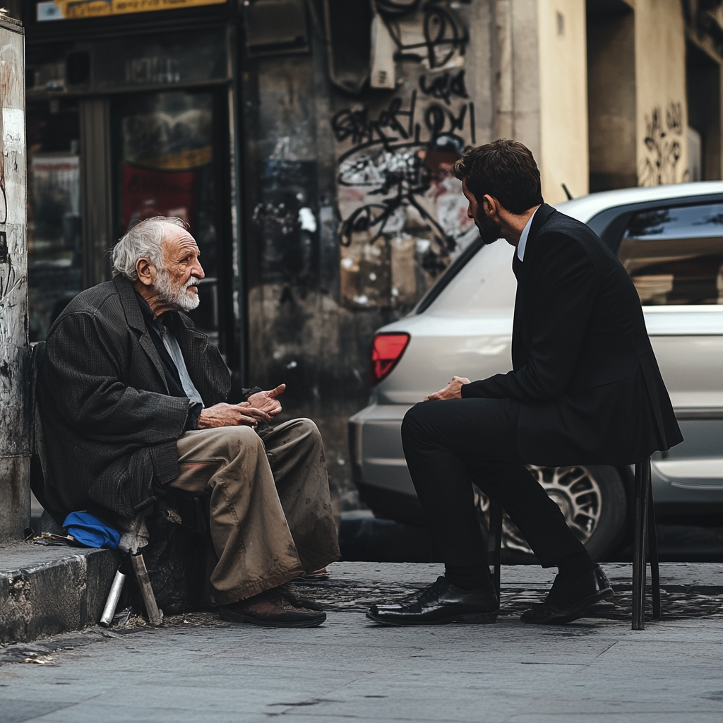 Hombres hablando en la calle | Fuente: Midjourney