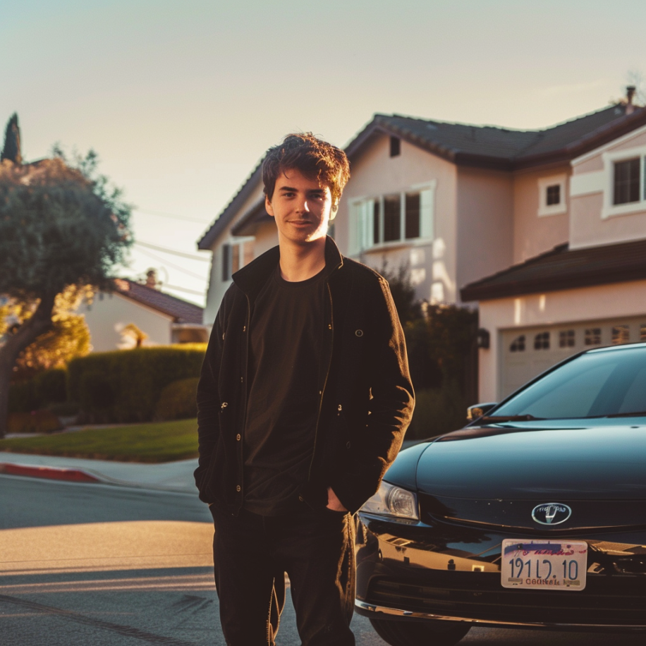 Un joven junto a su automóvil en un vecindario | Fuente: Midjourney