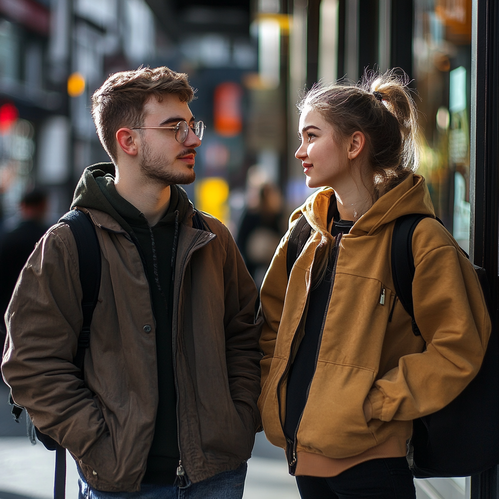 Una pareja hablando en la calle | Fuente: Midjourney