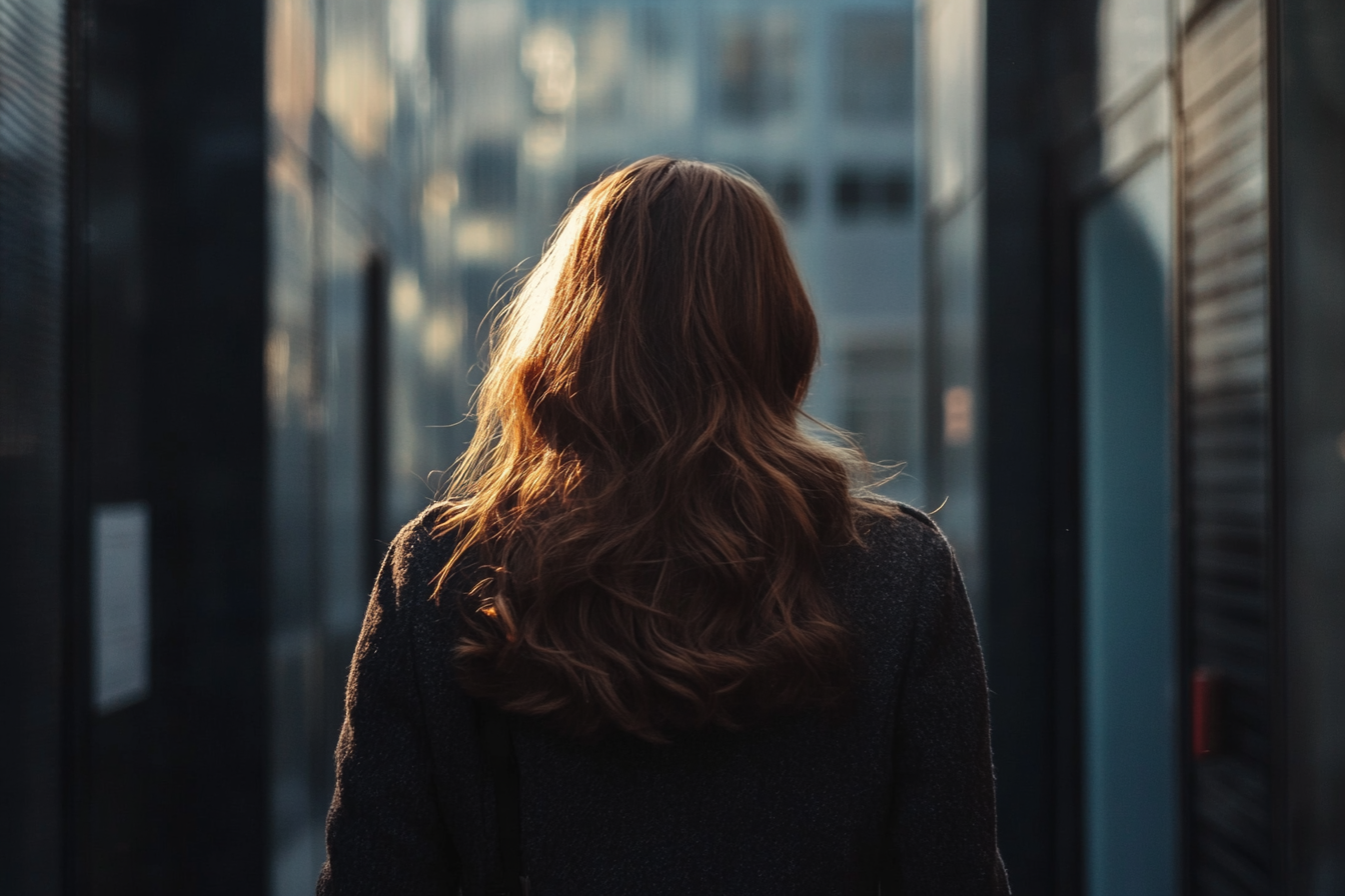 Una mujer saliendo de un edificio | Fuente: Midjourney