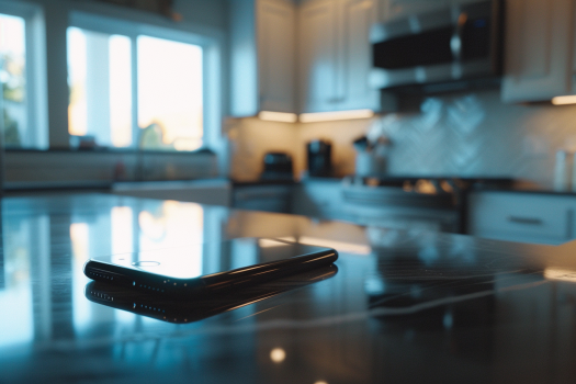 Un smartphone en la encimera de una cocina | Fuente: Midjourney