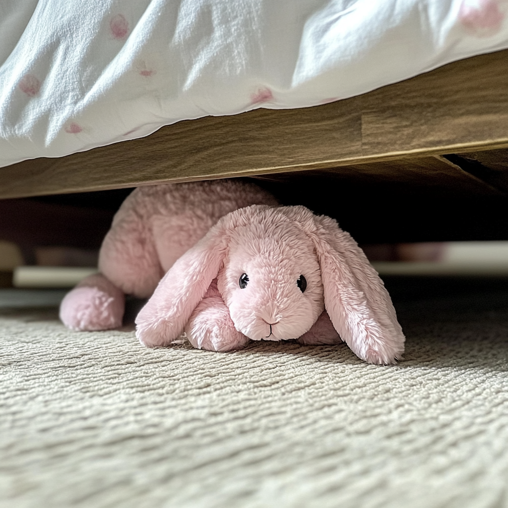 Un conejito de peluche rosa debajo de una cama | Fuente: Midjourney