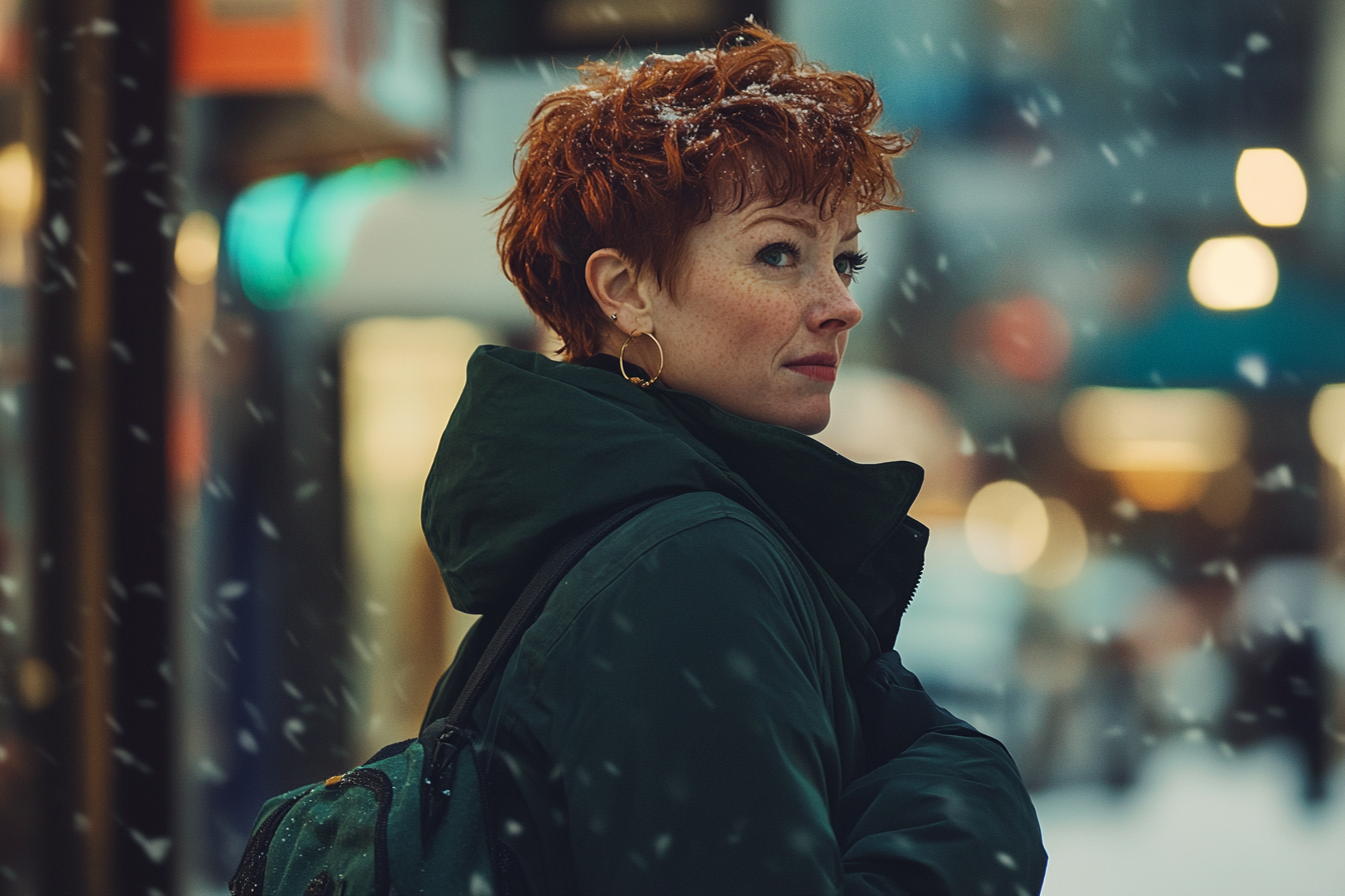 Mujer joven con un abrigo de invierno en la calle | Fuente: Midjourney