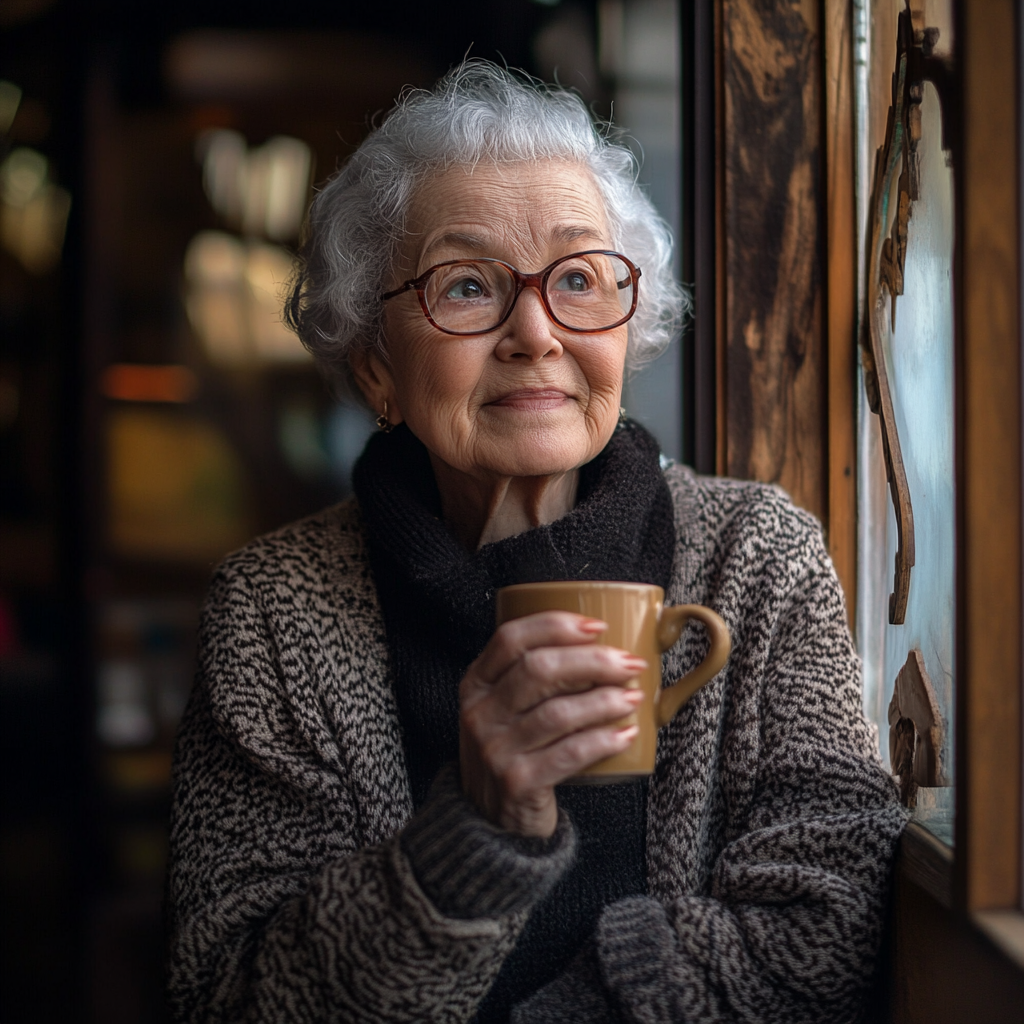 Una mujer mayor feliz tomando café | Fuente: Midjourney