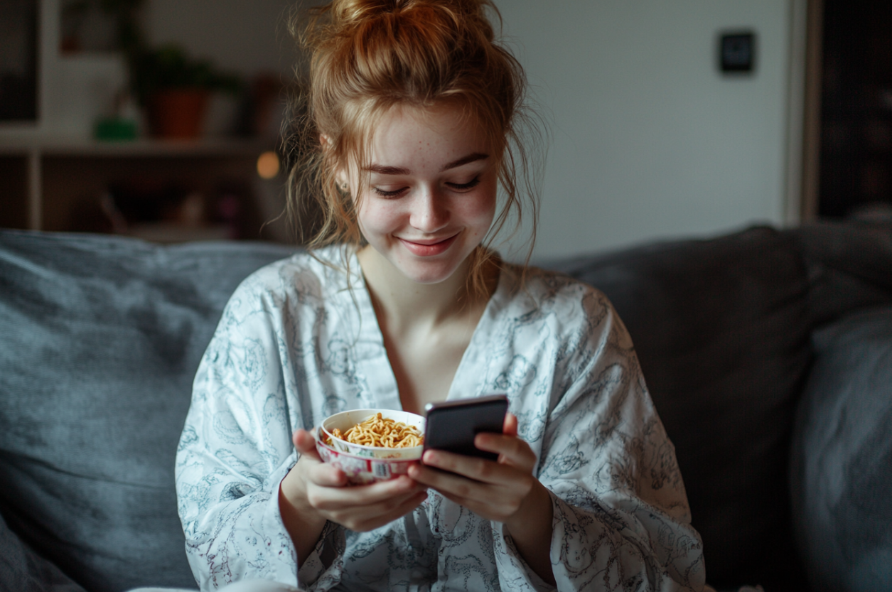 Una mujer sonriendo a su teléfono | Fuente: Midjourney