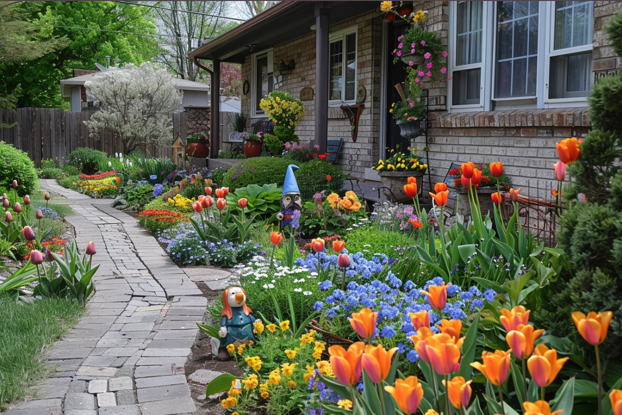 Un jardín fuera de una casa suburbana | Fuente: Midjourney