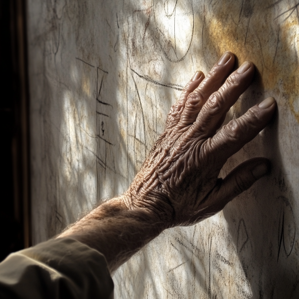 Un anciano nostálgico tocando una pared | Fuente: Midjourney