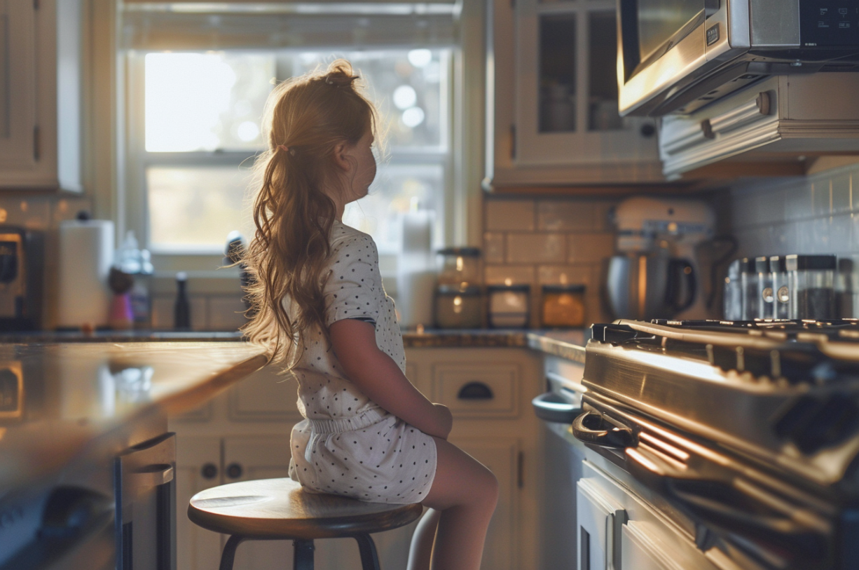 Una chica sentada en un taburete | Fuente: Midjourney