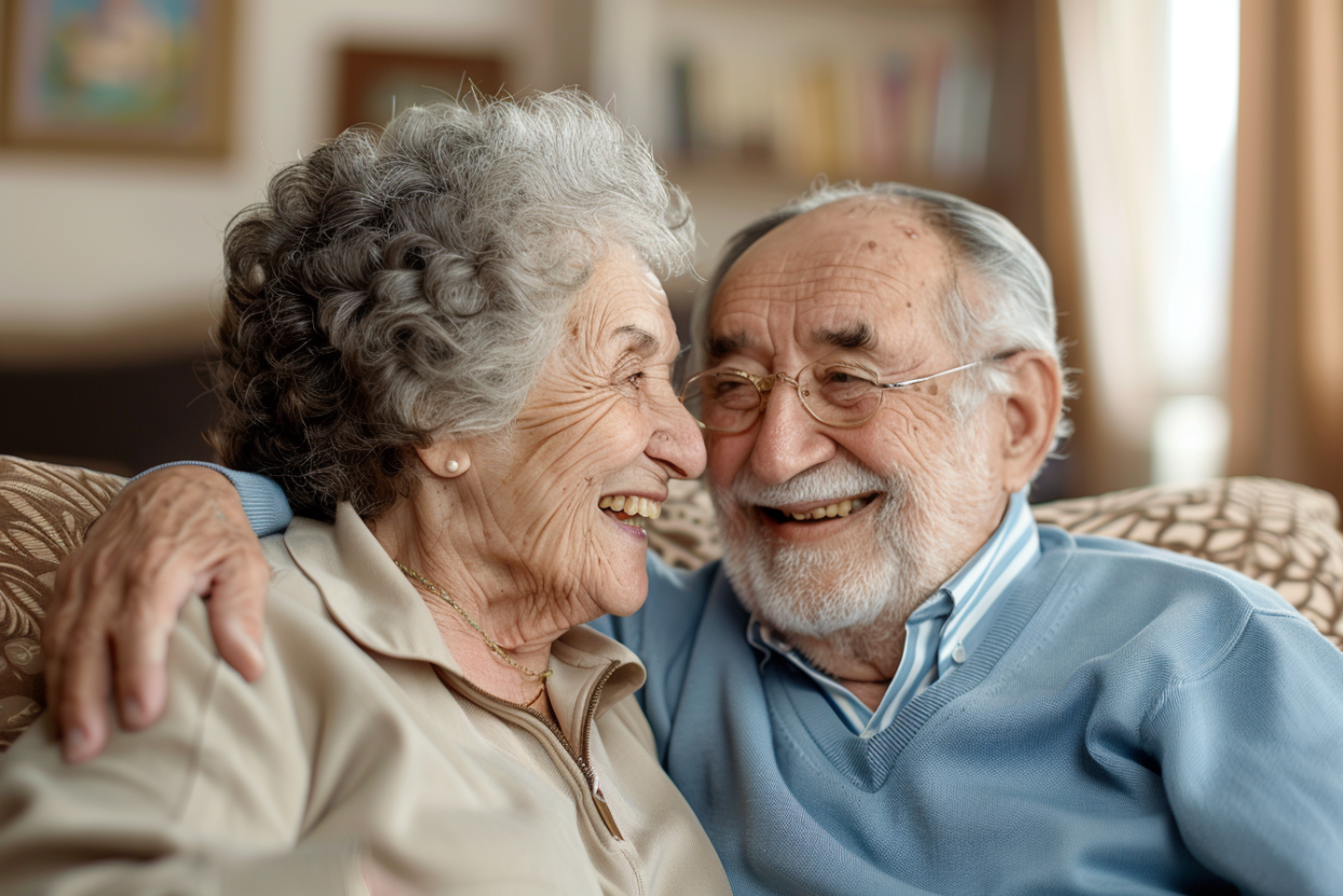 Pareja de ancianos sentada en un sofá | Fuente: MidJourney