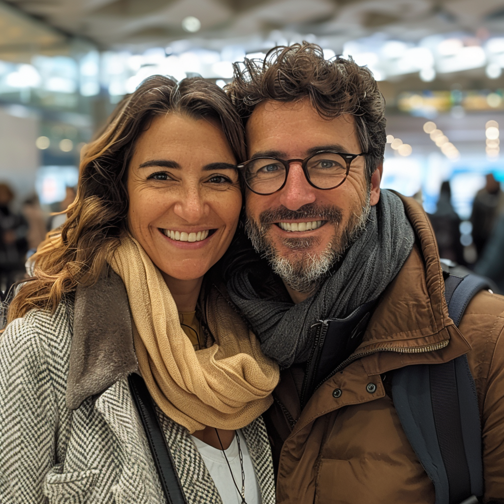 Una pareja sonriente en un aeropuerto | Fuente: Midjourney