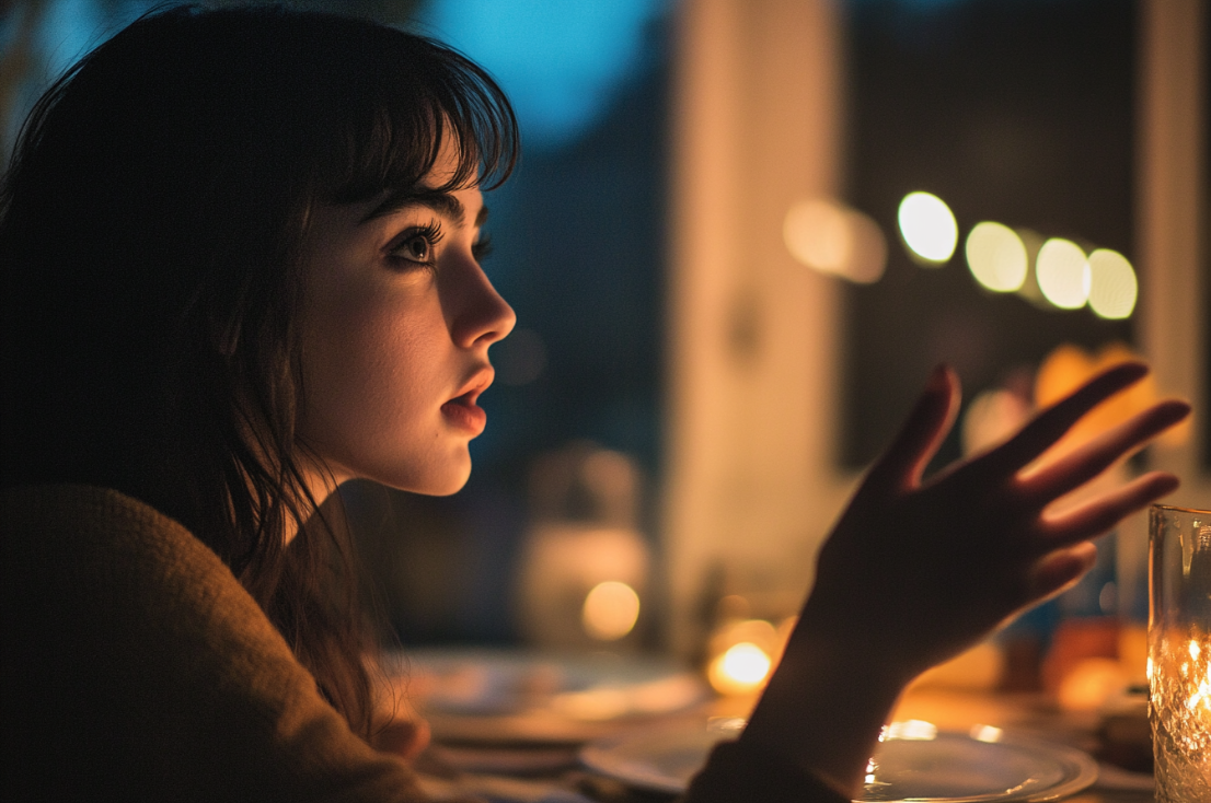 Una mujer hablando durante la cena | Fuente: Midjourney