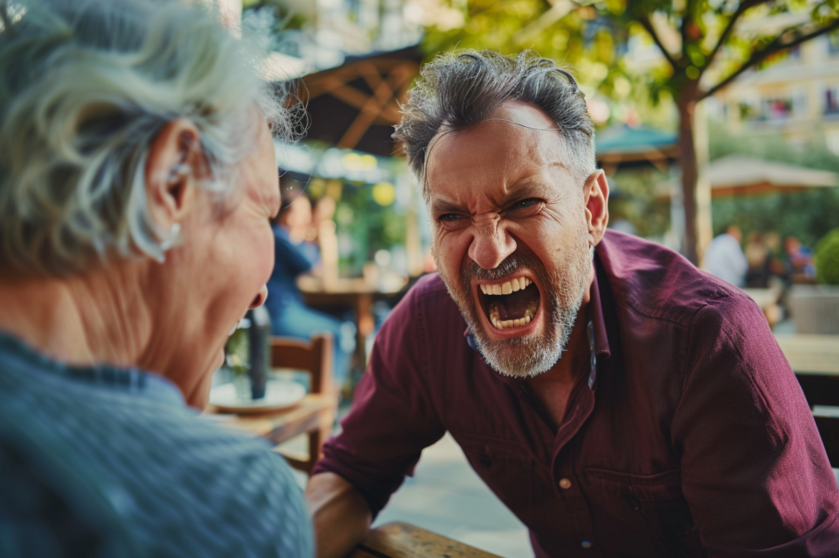 Hombre de mediana edad gritando a una mujer mayor | Fuente: MidJourney