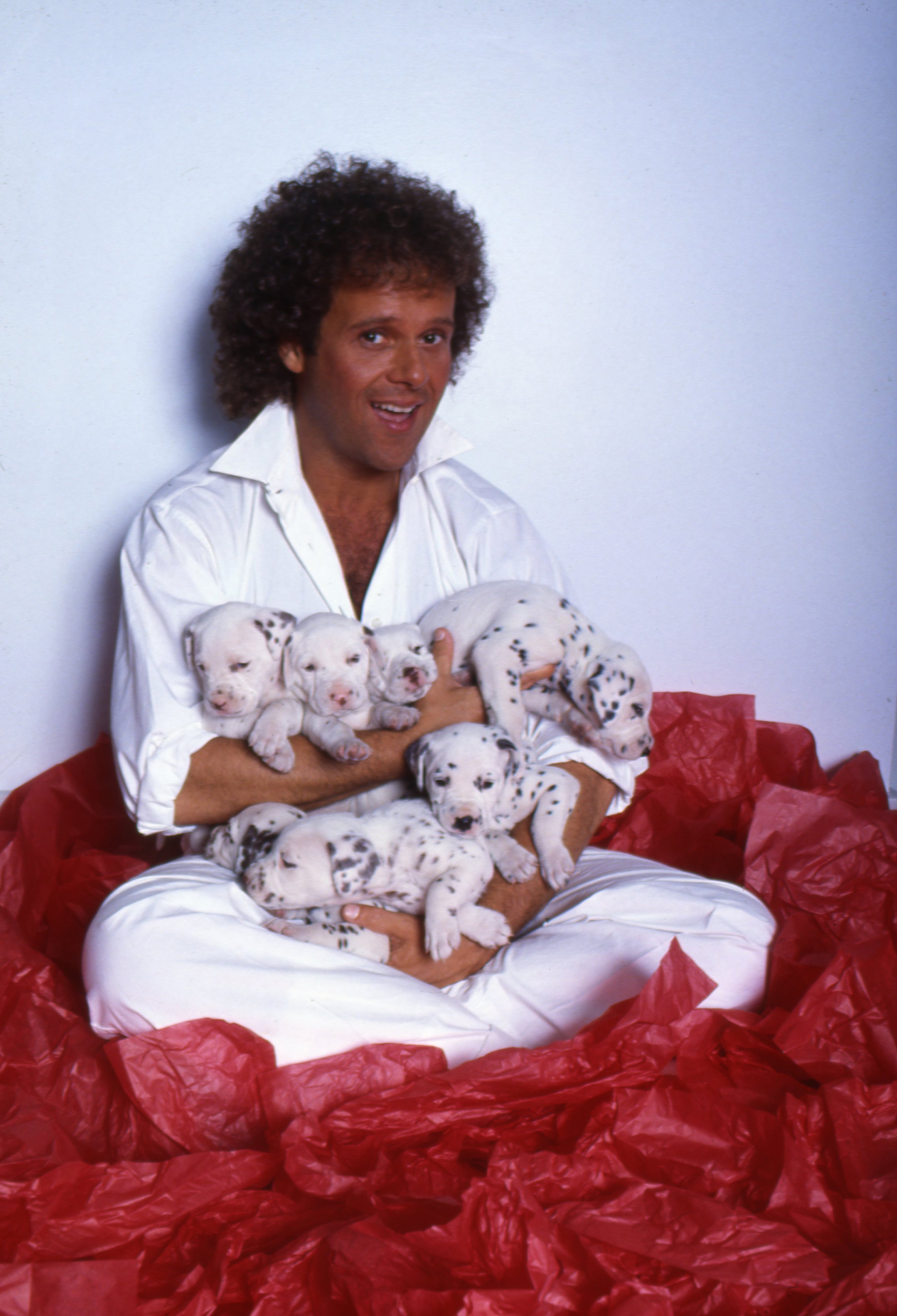 Richard Simmons posa para un retrato con cachorros dálmatas el 2 de julio de 1985, en Los Ángeles, California | Fuente: Getty Images