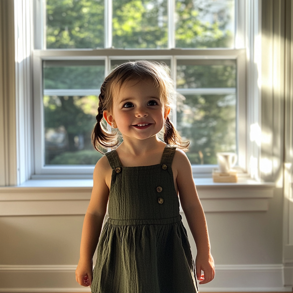 Una niña de pie en un salón vacío | Fuente: Midjourney