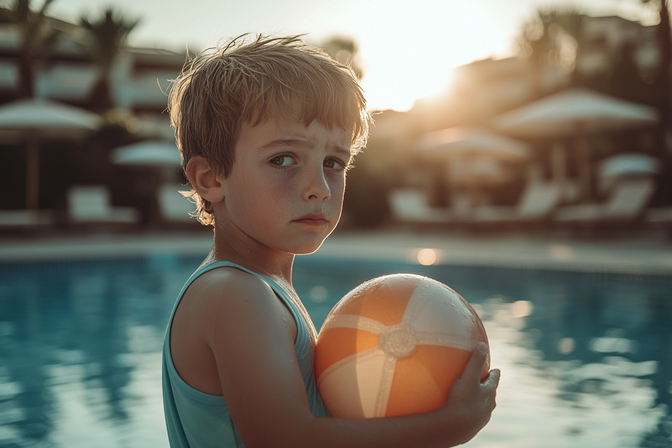 Un niño triste junto a la piscina | Fuente: Midjourney