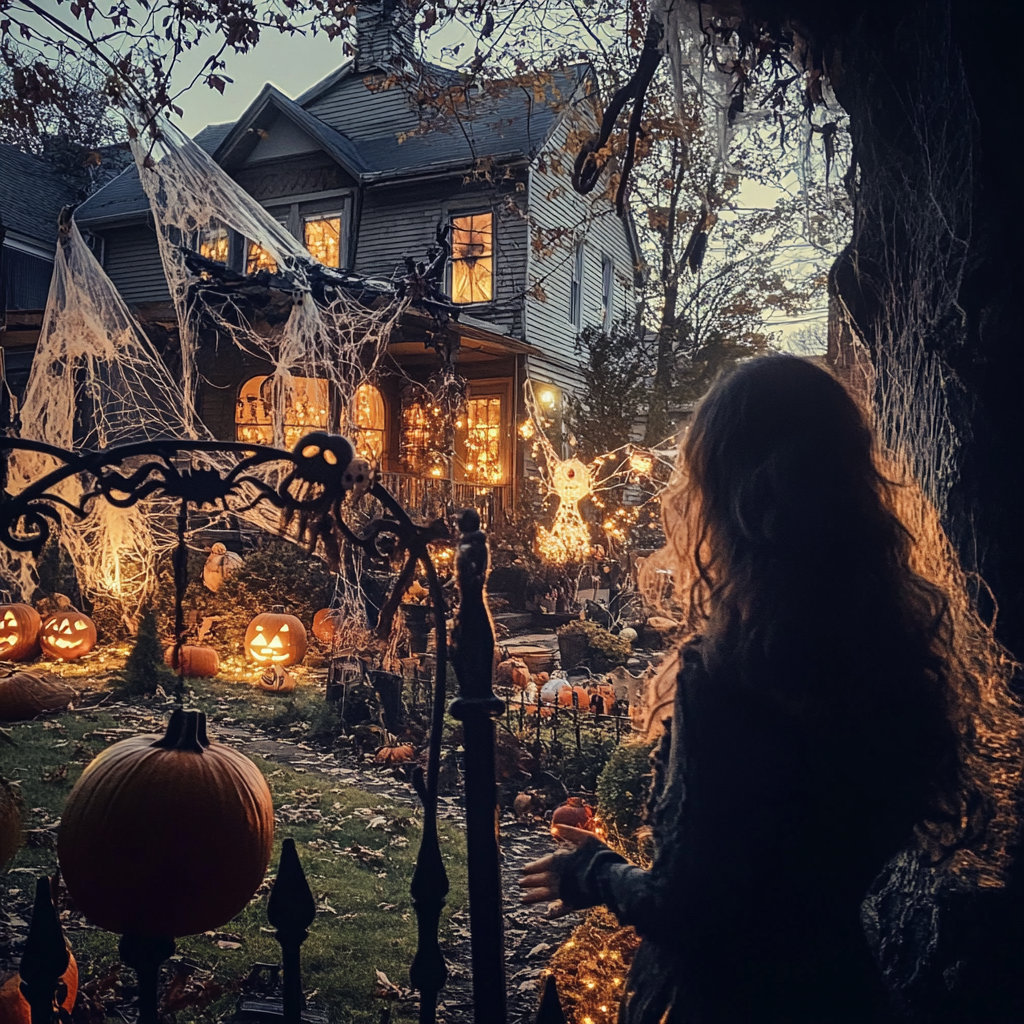 Mujer mirando las decoraciones de Halloween | Fuente: Midjourney