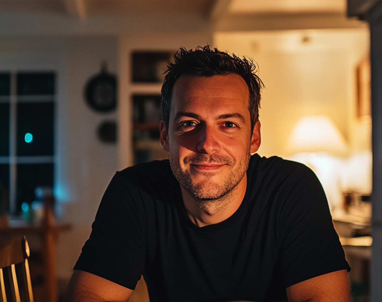 Un hombre sonriente con una camiseta negra | Fuente: Midjourney