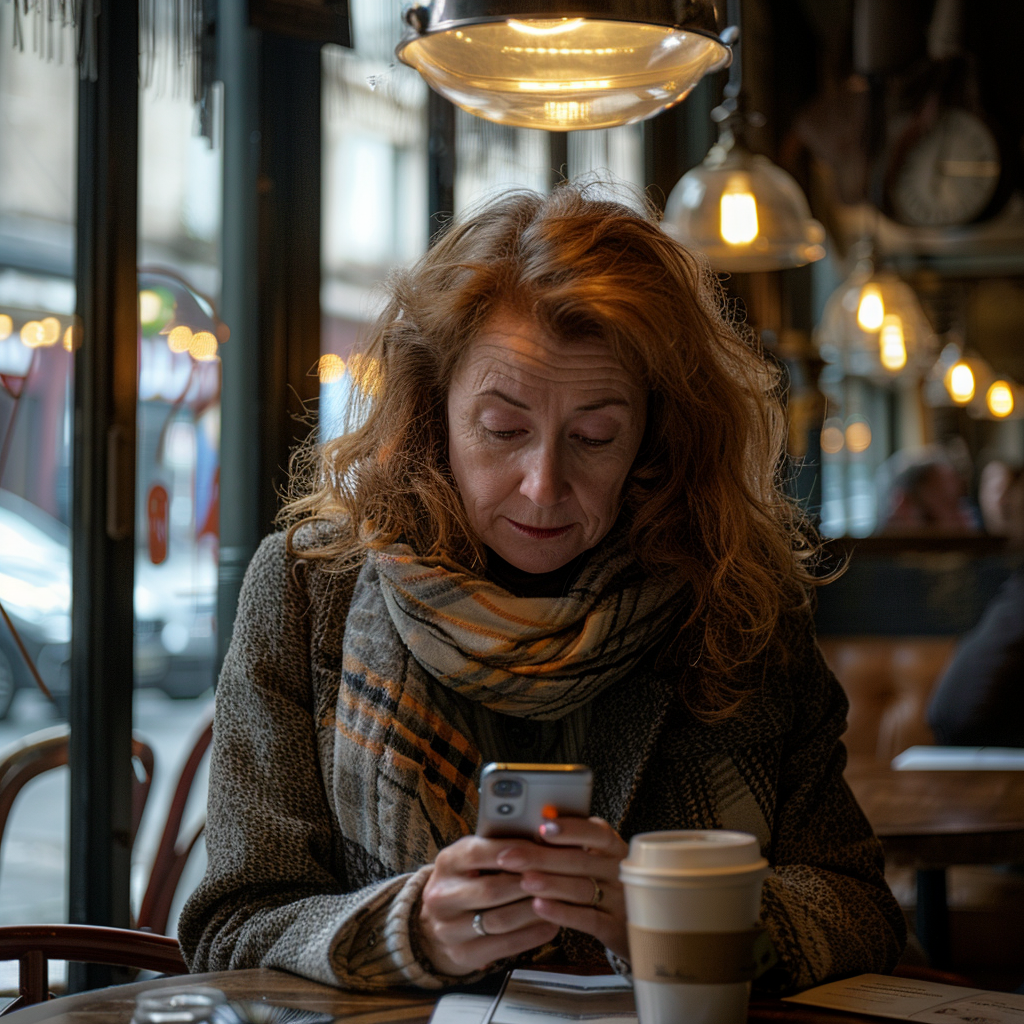 Una mujer consulta su teléfono mientras está sentada en una cafetería | Fuente: Midjourney