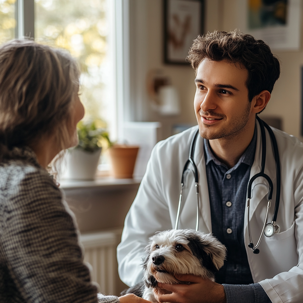 Joven médico veterinario hablando con su madre | Fuente: Midjourney