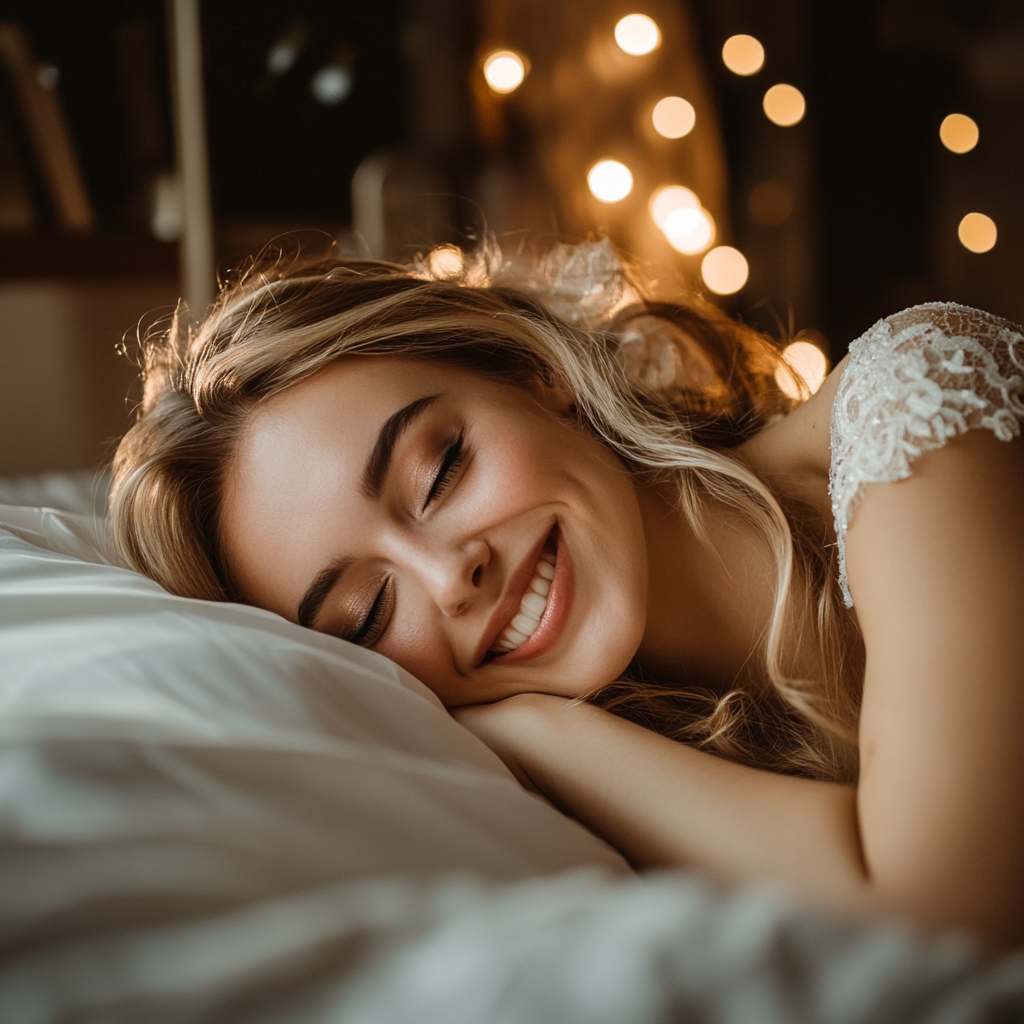 Una mujer feliz en su cama | Fuente: Midjourney