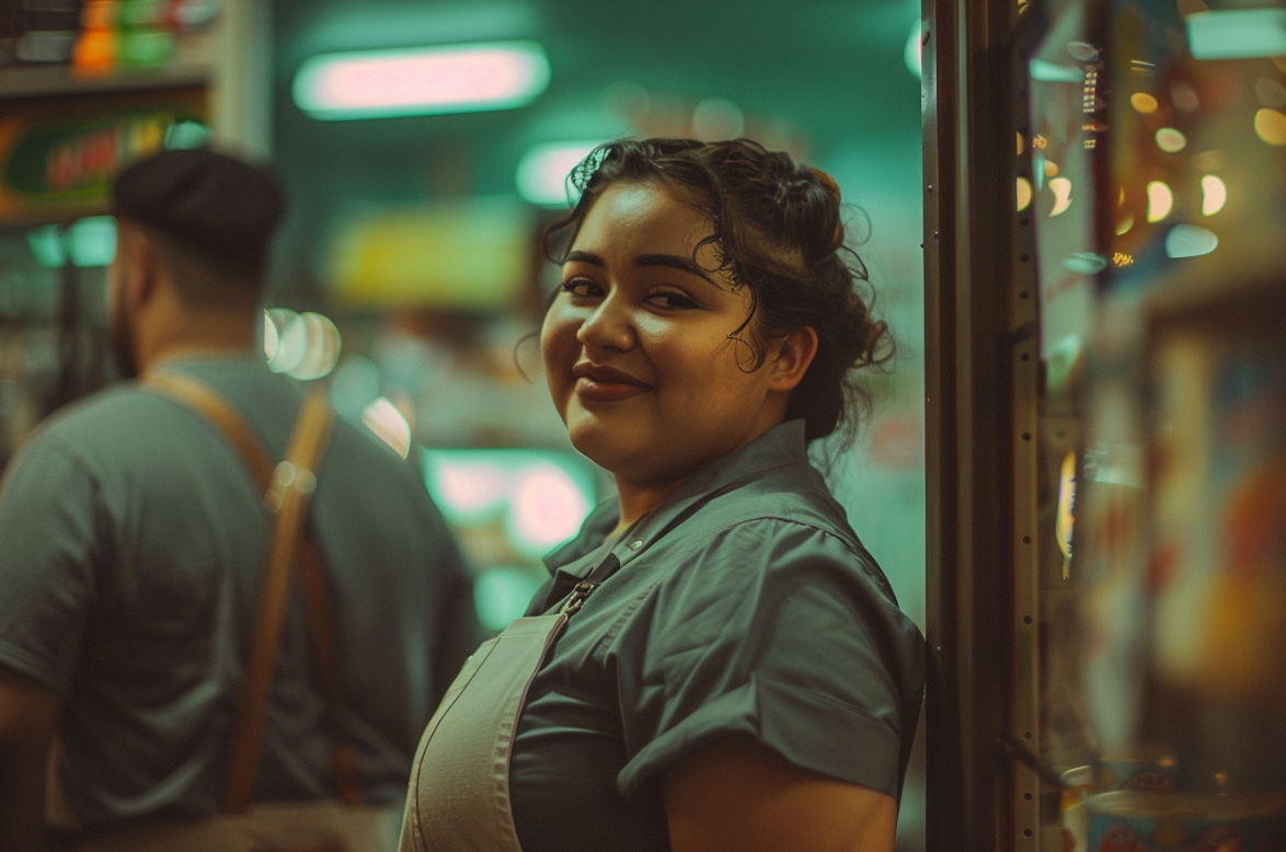 Una joven con el uniforme de una tienda de comestibles | Fuente: MidJourney