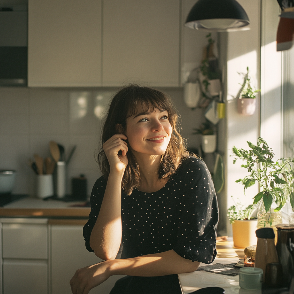 Mujer de pie en su cocina sonriendo | Fuente: Midjourney