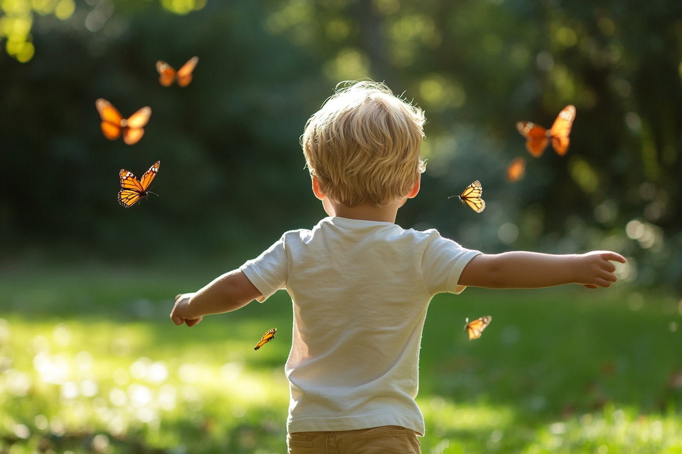 Un niño persiguiendo mariposas | Fuente: Midjourney