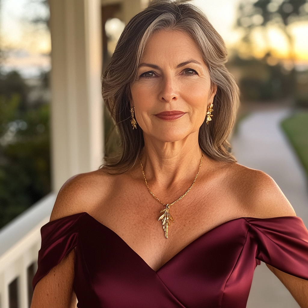 Una mujer mayor con un vestido granate | Fuente: Midjourney