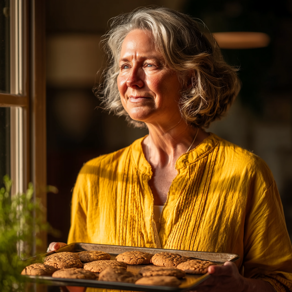 Una mujer sonriente con una bandeja de galletas horneadas | Fuente: Midjourney