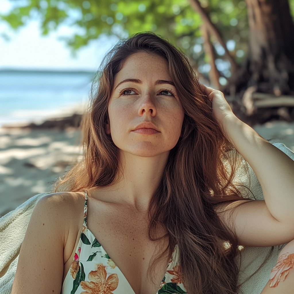 Una mujer sentada en una tumbona en la playa | Fuente: Midjourney