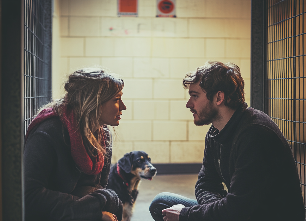 A couple having a minor disagreement at a dog shelter | Source: Midjourney