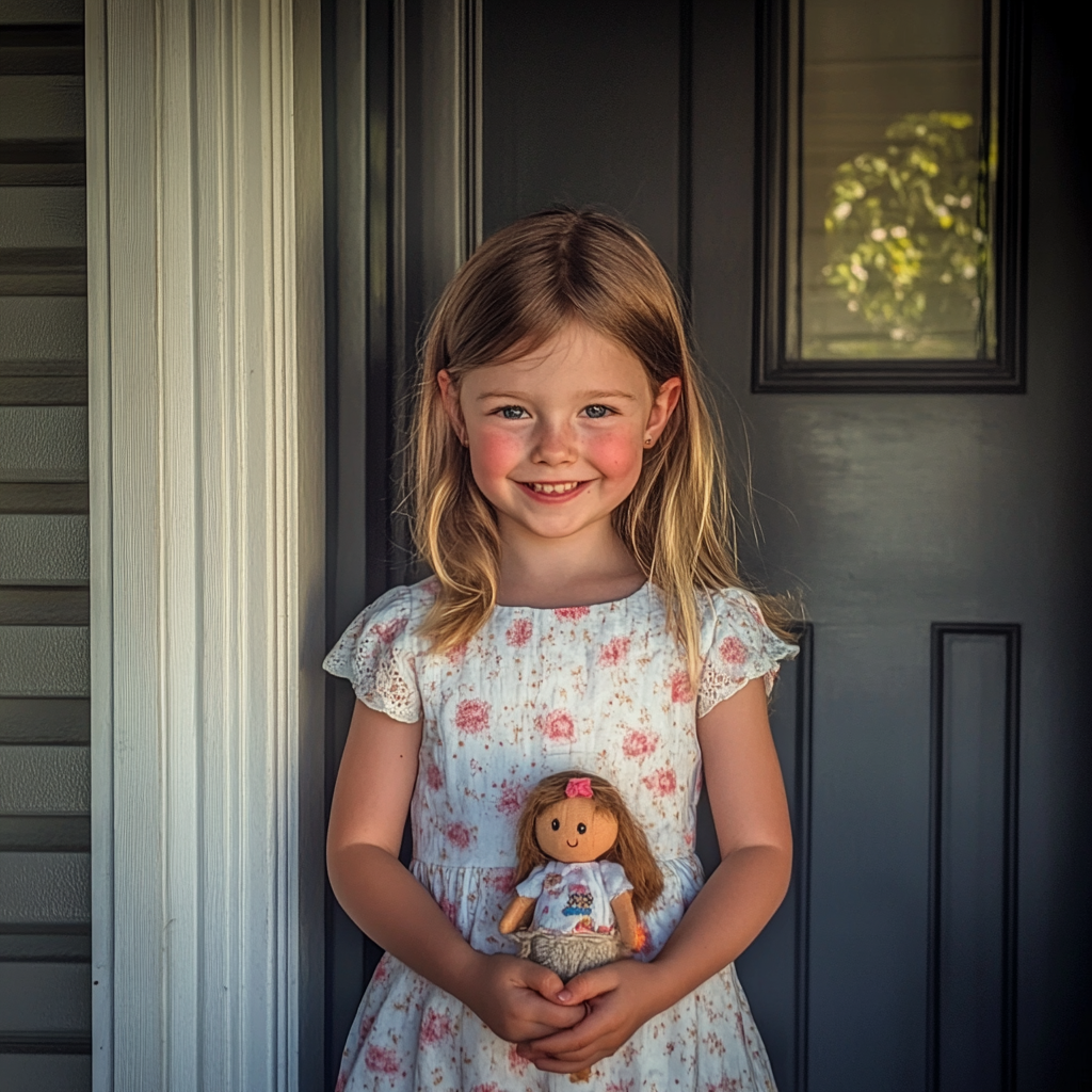 Una niña feliz en el umbral de la puerta, con una muñeca en la mano | Fuente: Midjourney