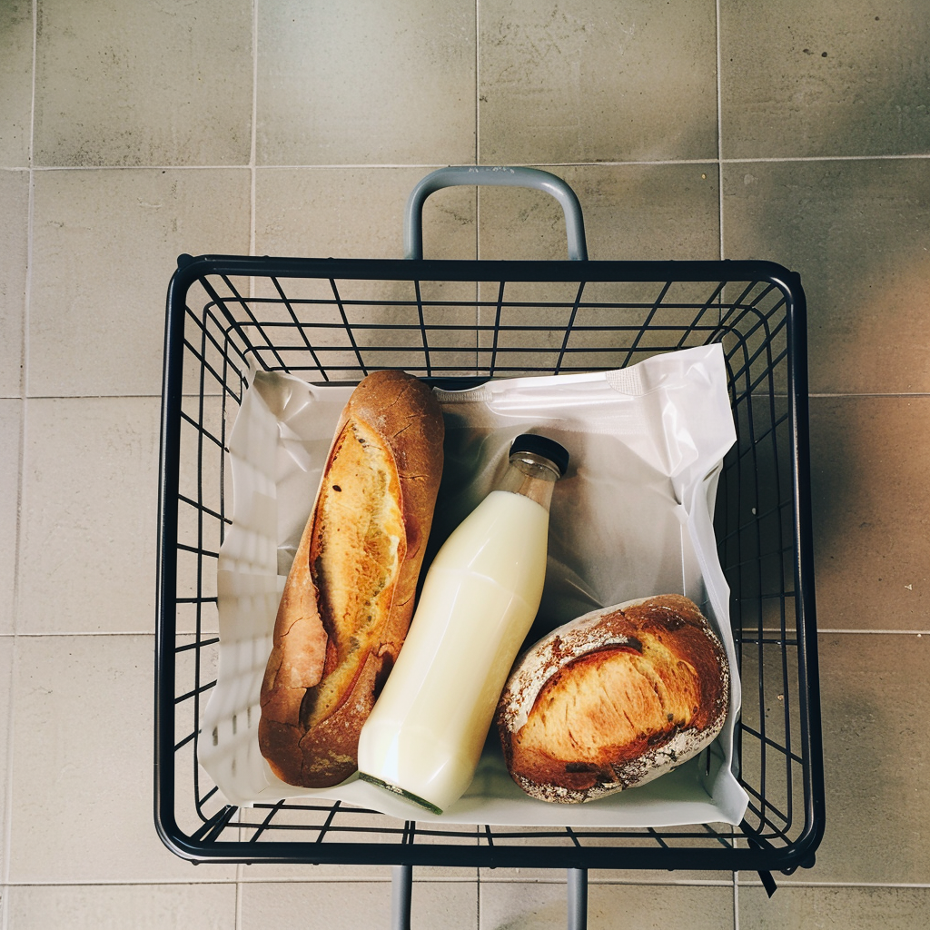 Leche y pan en una cesta de la compra | Fuente: Midjourney