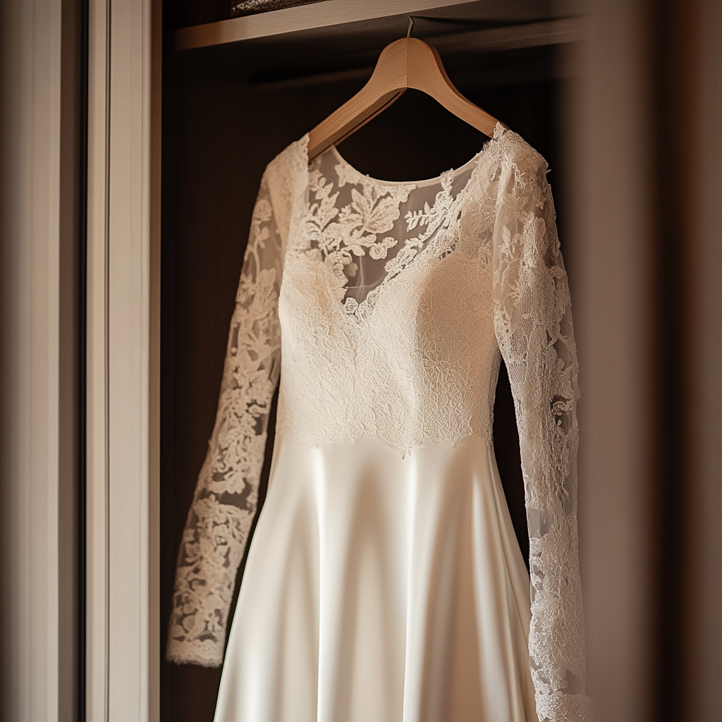 Un vestido de novia colgado en un armario | Fuente: Midjourney