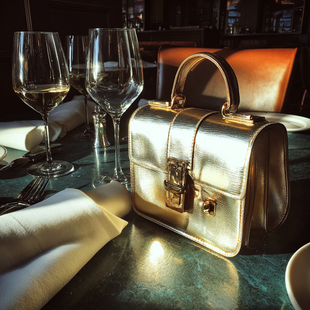 Una borsa d'oro su un tavolo | Fonte: Midjourney