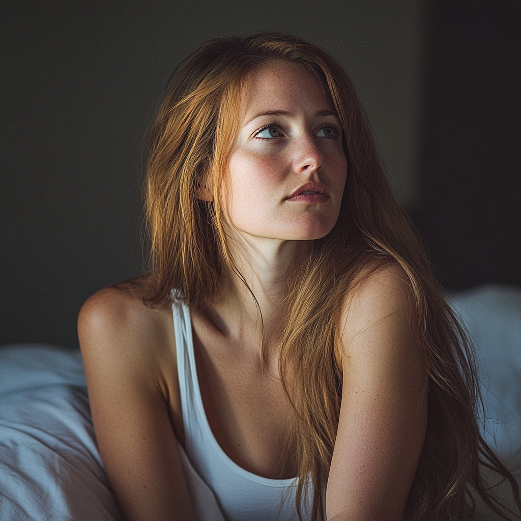 Una joven sentada en una cama | Fuente: Midjourney